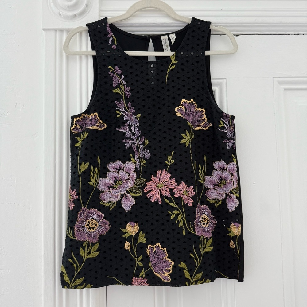 Meadow Rue for Anthropologie Blue and Purple Embroidery Embellished Tank Top